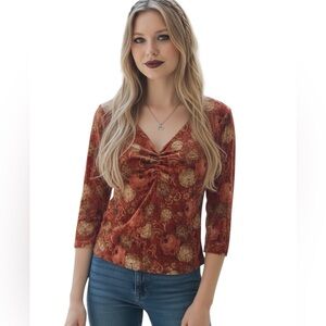 Vintage Crushed Velvet Floral Top Ruched Bust Fairy Grunge Boho Whimsygoth